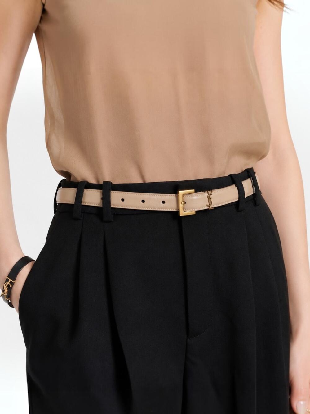 Saint Laurent Cassandre Logo Belt Square Buckle Leather Beige Size 90/36